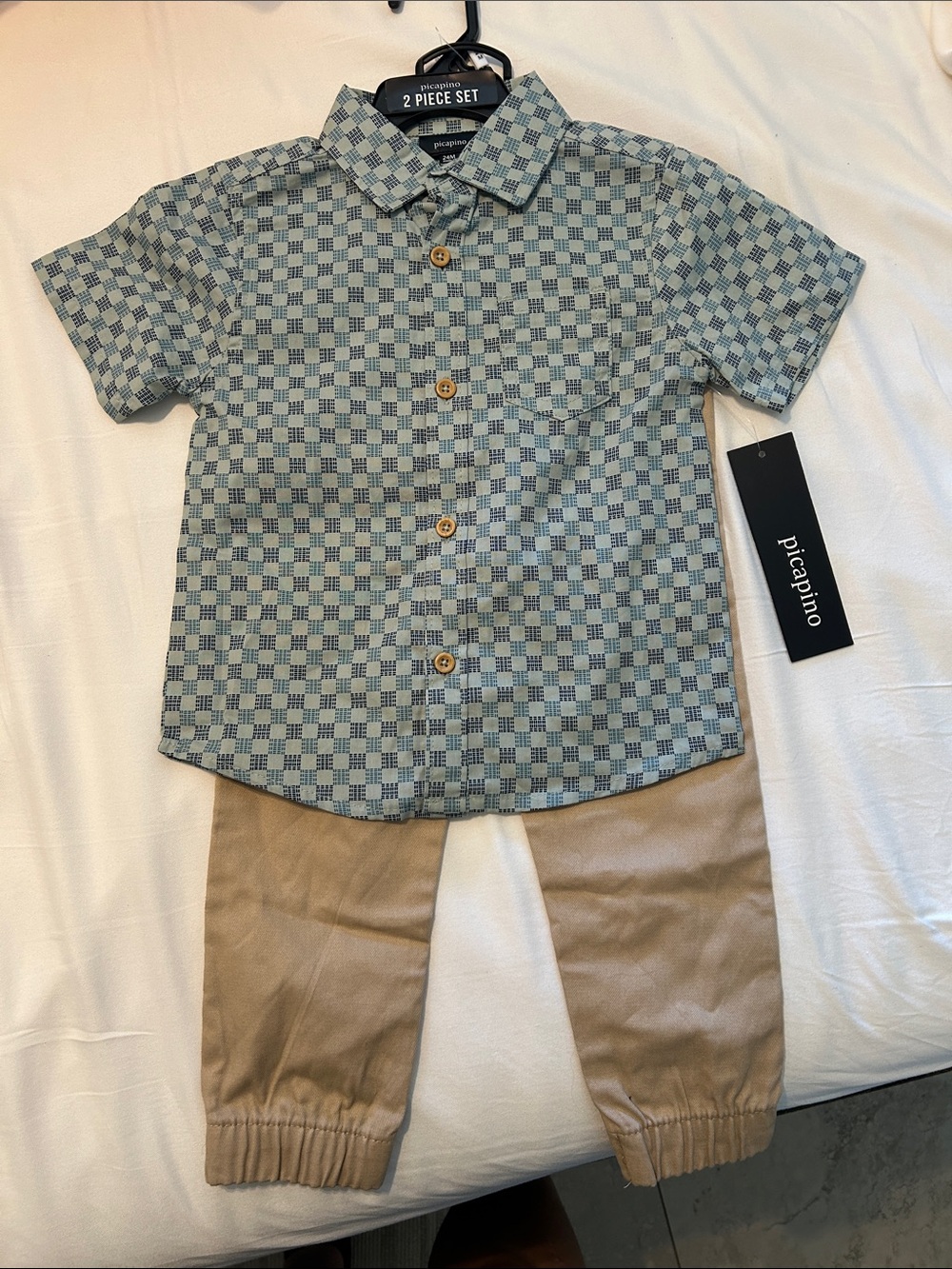 Boys' Blue Checked Short-Sleeve Shirt and Khaki Pants Set